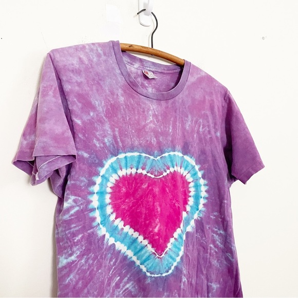 Vintage 90s Tie Dye Heart Pattern T-Shirt Single Stitch Purple Size Large Unisex - Picture 2 of 8